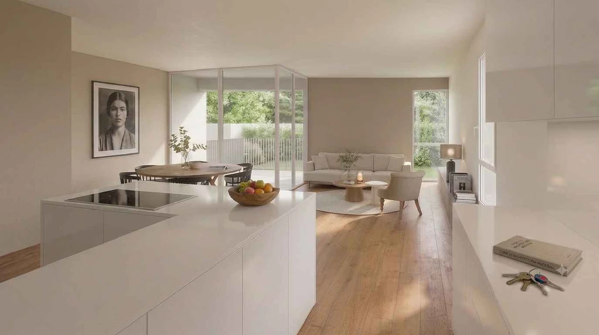 Rendering preliminare del progetto Corva: cucina aperta e zona giorno