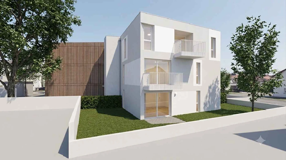 Rendering preliminare del progetto Corva: volume residenziale bianco con balconi e giardino
