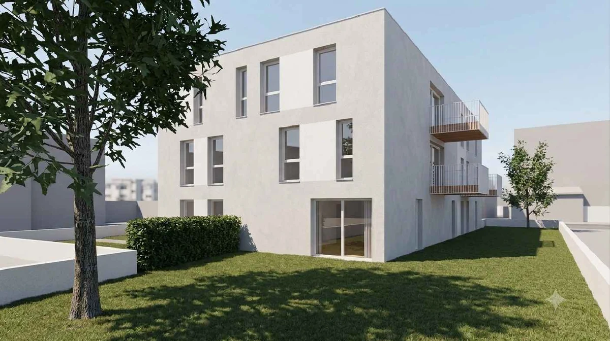 Rendering preliminare Corva: facciata residenziale con aperture sul giardino