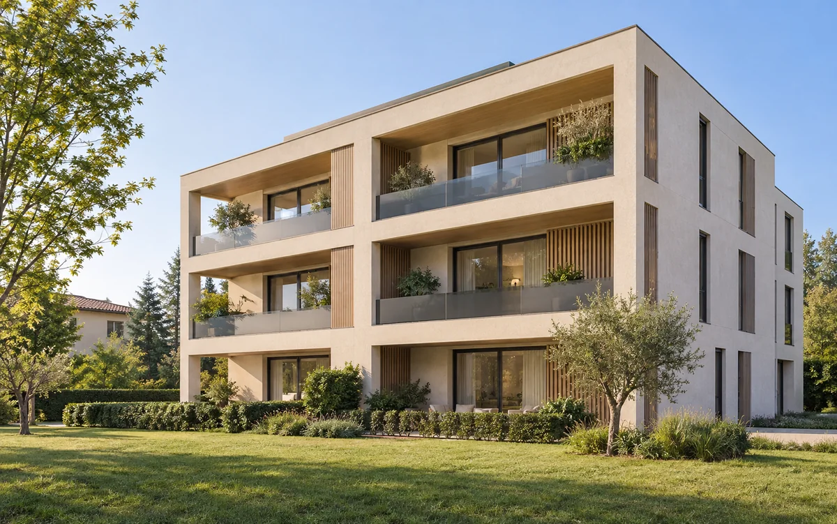 Concept illustrativo di un edificio residenziale contemporaneo con logge e giardino